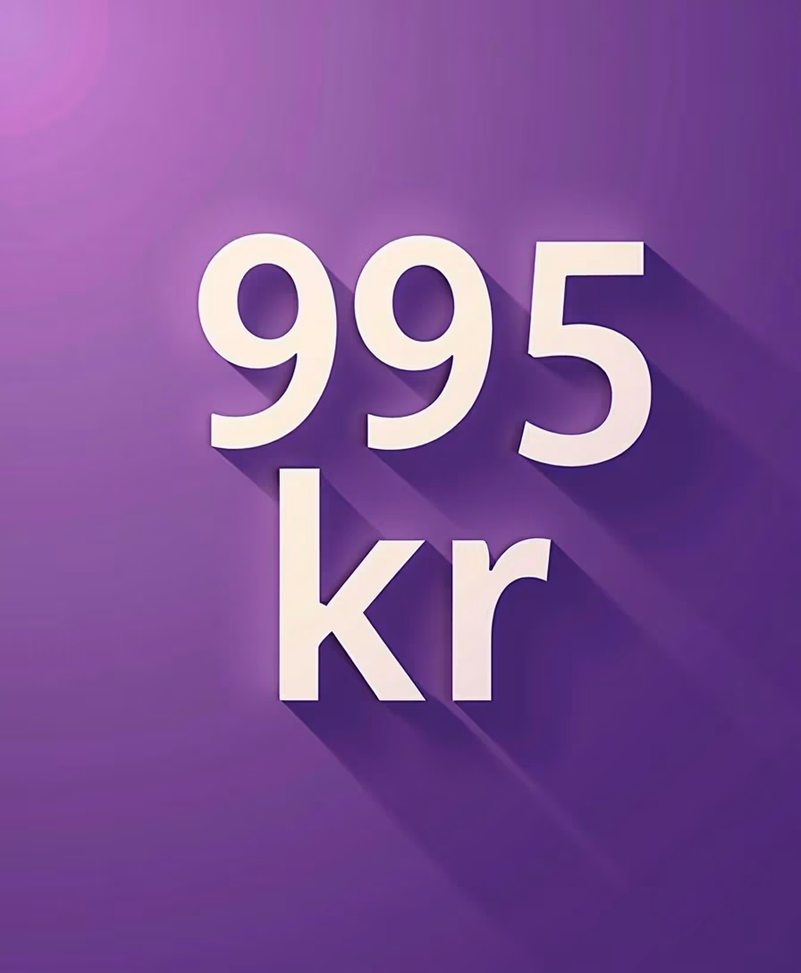 Vit text som visar "995 kr" med långa skuggor, mot en slät lila bakgrund.