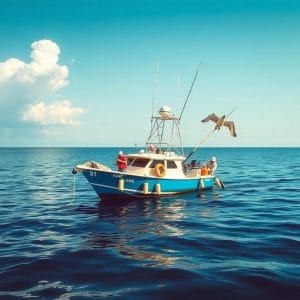 En liten blå och vit fiskebåt.se med tre personer ombord flyter på lugnt havsvatten under en klar himmel, medan en stor sjöfågel flyger i närheten och avlägsna moln dyker upp i horisonten.