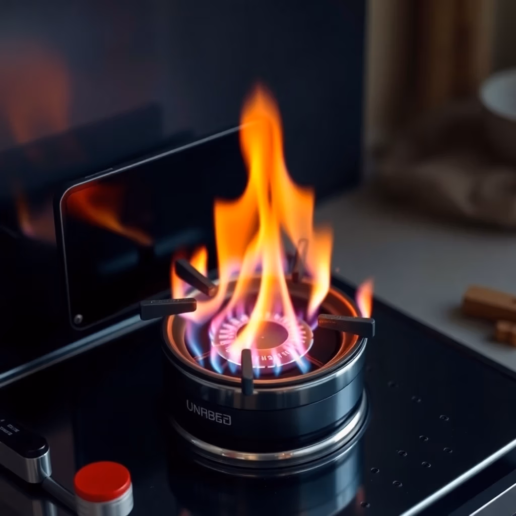 En gasolkök.se-brännare med en levande orange och blå flamma tänds på en modern svart spis, medan köksföremålen är något suddiga i bakgrunden.