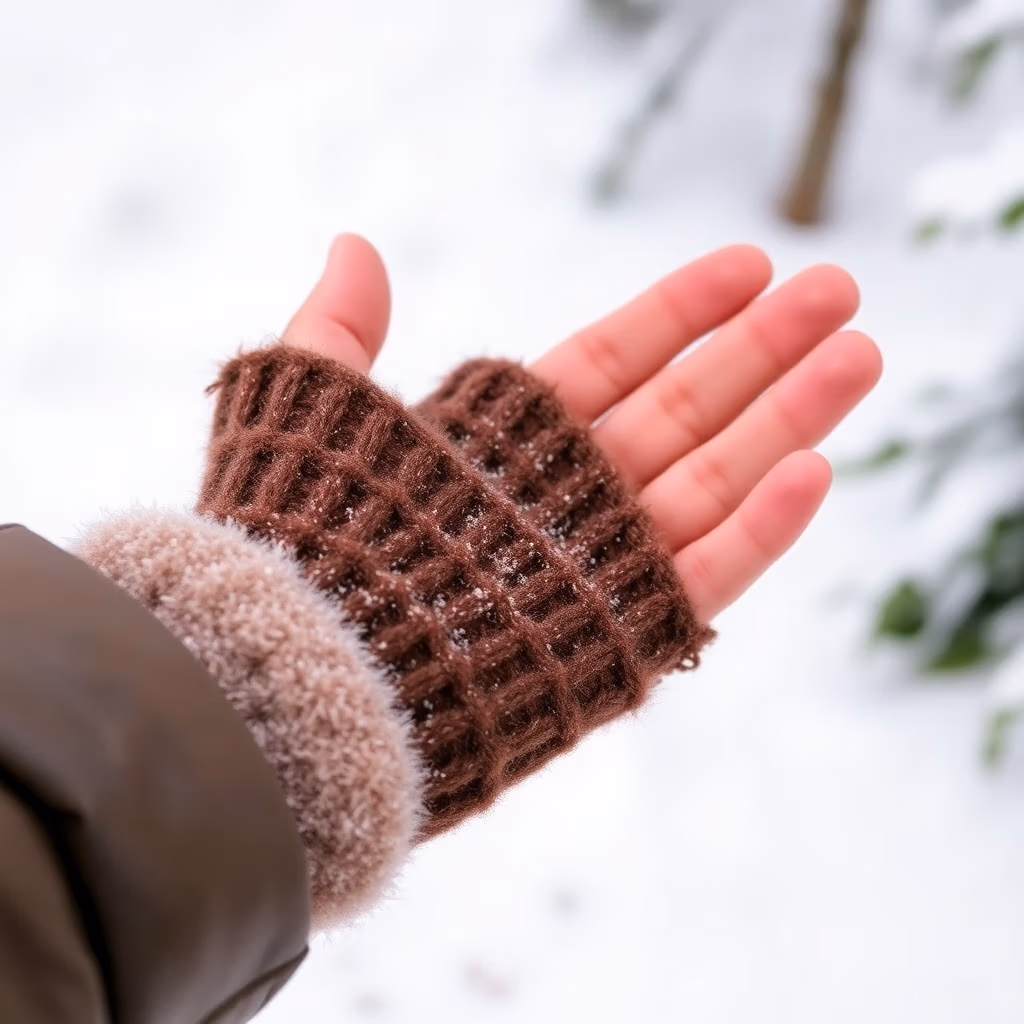 En hand i en brun fingerlös handvärmare.se-handske sträcks ut utomhus i snön, med en rockärm synlig och snöflingor vilande på handsken.