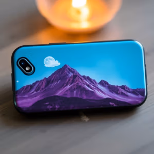Ett iPhone-fodral från iphoneskal.se med lila berg under en blå himmel med måne och moln, placerat på trä med ett suddigt stearinljus i bakgrunden.