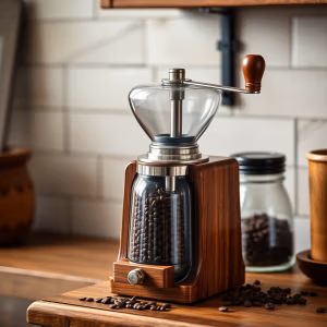 Den manuella kaffekvarnen i trä från kaffekvarn.se, fylld med kaffebönor, står på en bänkskiva i trä med spridda bönor i närheten. Krukor och en vit kaklad vägg i bakgrunden framkallar en mysig köksatmosfär.
