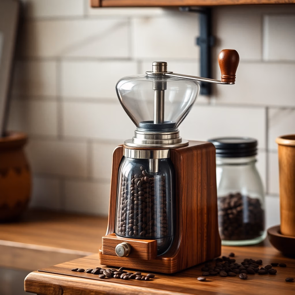 Den manuella kaffekvarnen i trä från kaffekvarn.se, fylld med kaffebönor, står på en bänkskiva i trä med spridda bönor i närheten. Krukor och en vit kaklad vägg i bakgrunden framkallar en mysig köksatmosfär.
