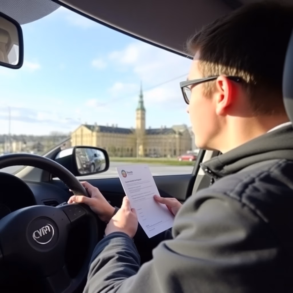 En man sitter i en parkerad bil och läser ett tryckt dokument om intensivkurskorkortstockholm.se. Han bär glasögon och genom fönstret syns en historisk byggnad med ett torn under en solig himmel.