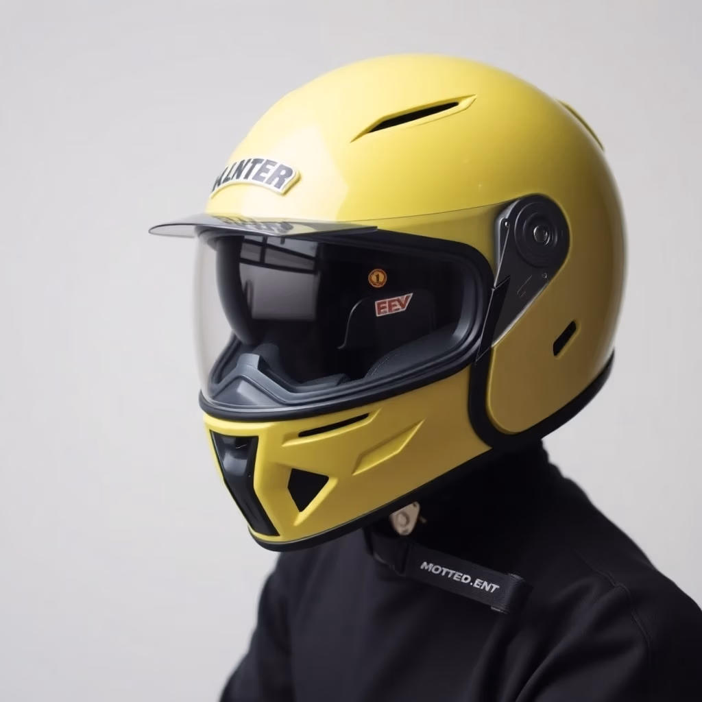 En person som bär en mopedhjälm.se ljusgul motorcykelhjälm med visir och svarta detaljer, parat med en svart jacka, står mot en ljus bakgrund.