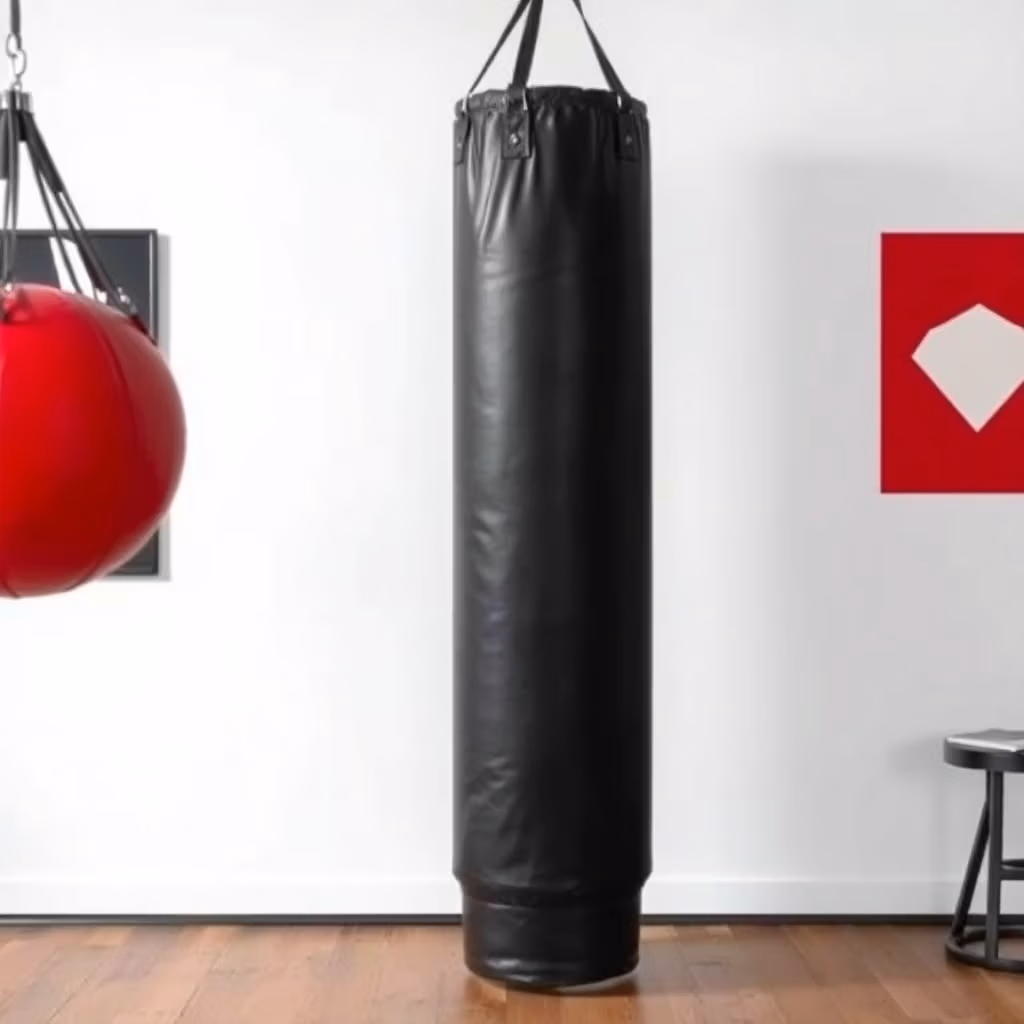 En svart boxningssäck från boxningssäck.se hänger i mitten av ett gym med trägolv. Till vänster syns en röd speedbag och i bakgrunden pryder rödvita geometriska konstverk väggen.