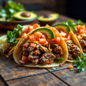 Njut av tacos.se: tre mjuka tortillas fyllda med nötkött, tärnade tomater, riven ost, sallad, lök och avokadoskivor. Serveras på en rustik träyta med färsk koriander och avokado i bakgrunden.