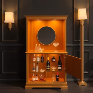 Barskåp.se har ett barskåp i trä med glashyllor för sprit och glas, en öppen dörr, en rund spegel ovanför och två vägglampor som lyser upp det mörkt panelade rummet.