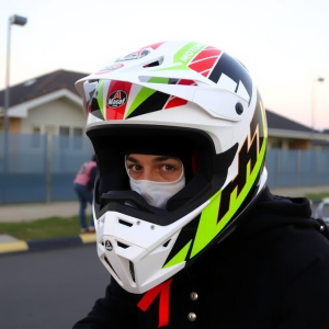 En person i crosshjälm.se motocrosshjälm med vita, gröna och svarta färger tittar in i kameran utomhus, med byggnader och en annan person synlig i bakgrunden.