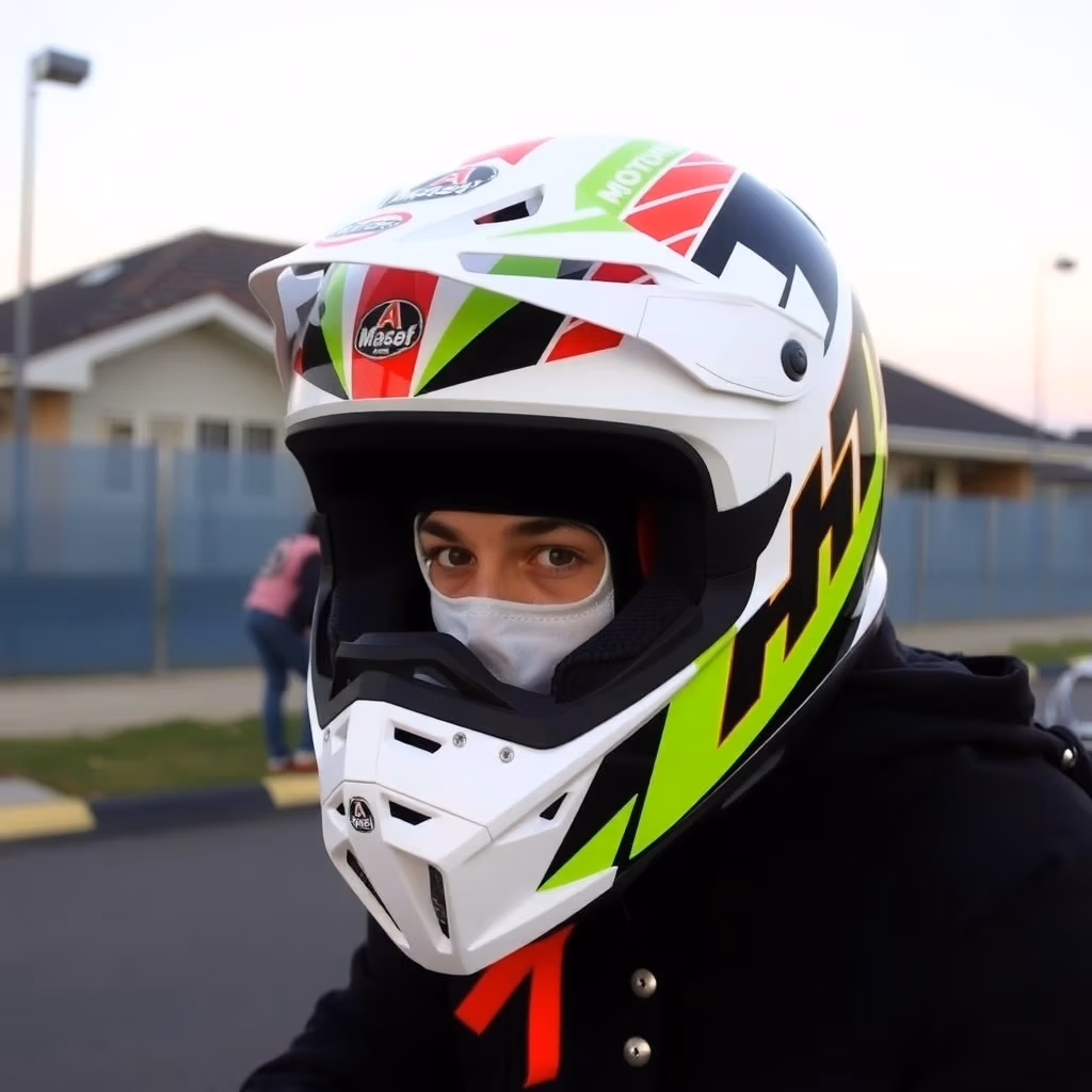 En person i crosshjälm.se motocrosshjälm med vita, gröna och svarta färger tittar in i kameran utomhus, med byggnader och en annan person synlig i bakgrunden.