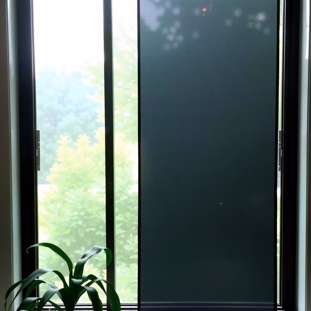 Ett stort insynsskyddfönster.se med en delvis öppen skärm avslöjar frodig grönska utanför, medan en krukväxt vilar på fönsterbrädan längst ner till vänster.