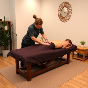 En massageterapeut från massagekristianstad.se ger en avslappnande ryggmassage till en kund som ligger med ansiktet nedåt på ett bord i ett lugnt, väl upplyst rum med växter och minimalistisk inredning.