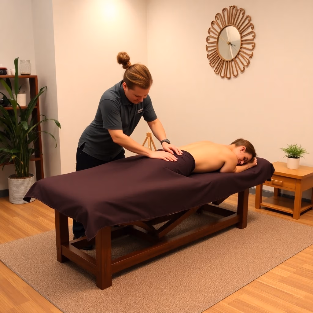 En massageterapeut från massagekristianstad.se ger en avslappnande ryggmassage till en kund som ligger med ansiktet nedåt på ett bord i ett lugnt, väl upplyst rum med växter och minimalistisk inredning.