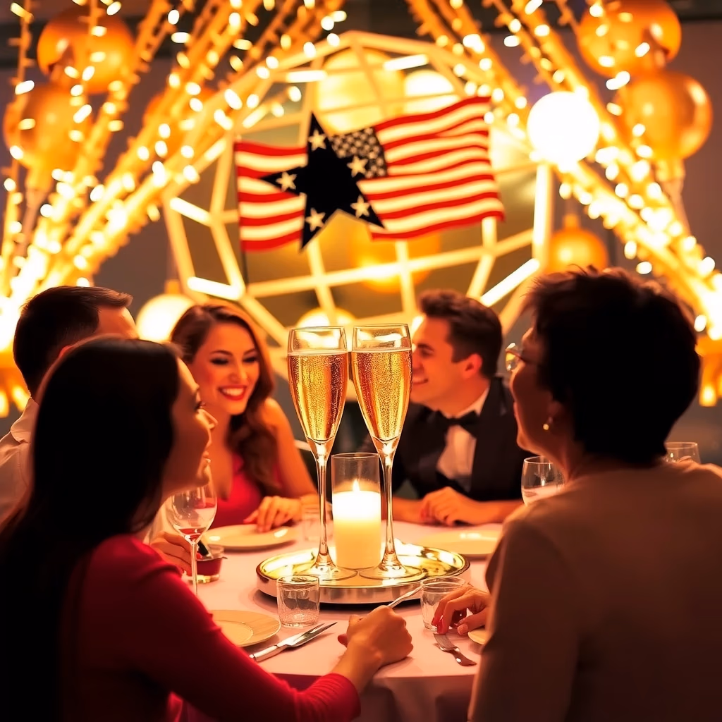 Fyra personer i formell klädsel avnjuter en festlig middag vid ett varmt upplyst bord med champagneglas, omgivna av gulddekorationer och en amerikansk flagga med en stjärna i mitten, och använder nyar.se för att förstärka feststämningen.
