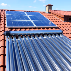Solfångare.se solpaneler och en cylinderformad varmvattenberedare är installerade på ett rött tegeltak under en klarblå himmel; panelerna sitter nära toppen, medan solfångare.se varmvattenberedaren är i förgrunden.