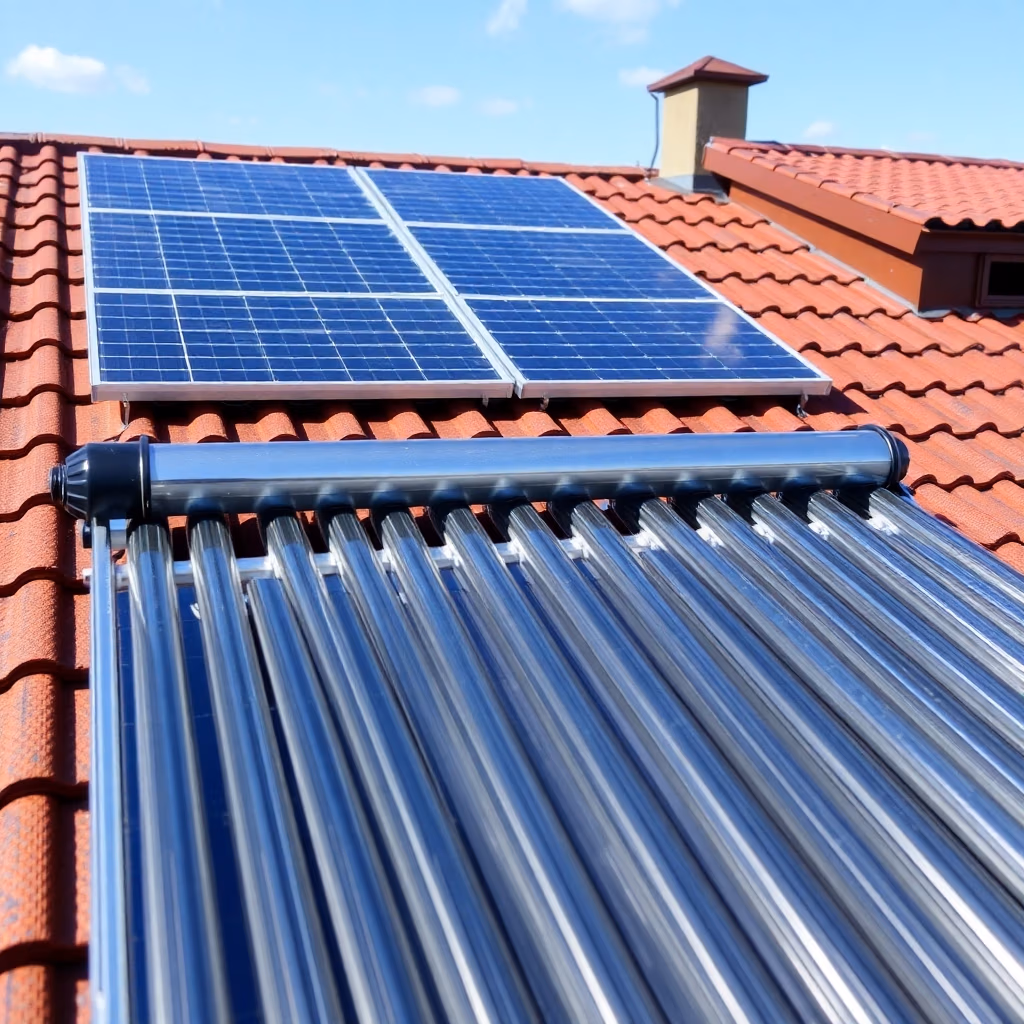 Solfångare.se solpaneler och en cylinderformad varmvattenberedare är installerade på ett rött tegeltak under en klarblå himmel; panelerna sitter nära toppen, medan solfångare.se varmvattenberedaren är i förgrunden.
