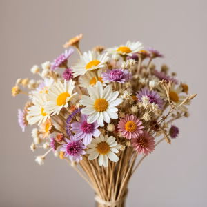En bukett från torkadeblommor.se med blandade vildblommor - vita prästkragar med gul mitt, rosa och lila blommor samt torkade grässtänglar - arrangerad mot en enkel ljusbeige bakgrund.