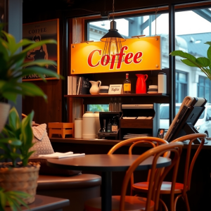 Cafemalmö.se har en mysig inredning med stolar och bord i trä, krukväxter, en ljusgul "Coffee"-skylt ovanför hyllor med muggar, kaffebryggare och förbrukningsmaterial vid ett stort fönster.