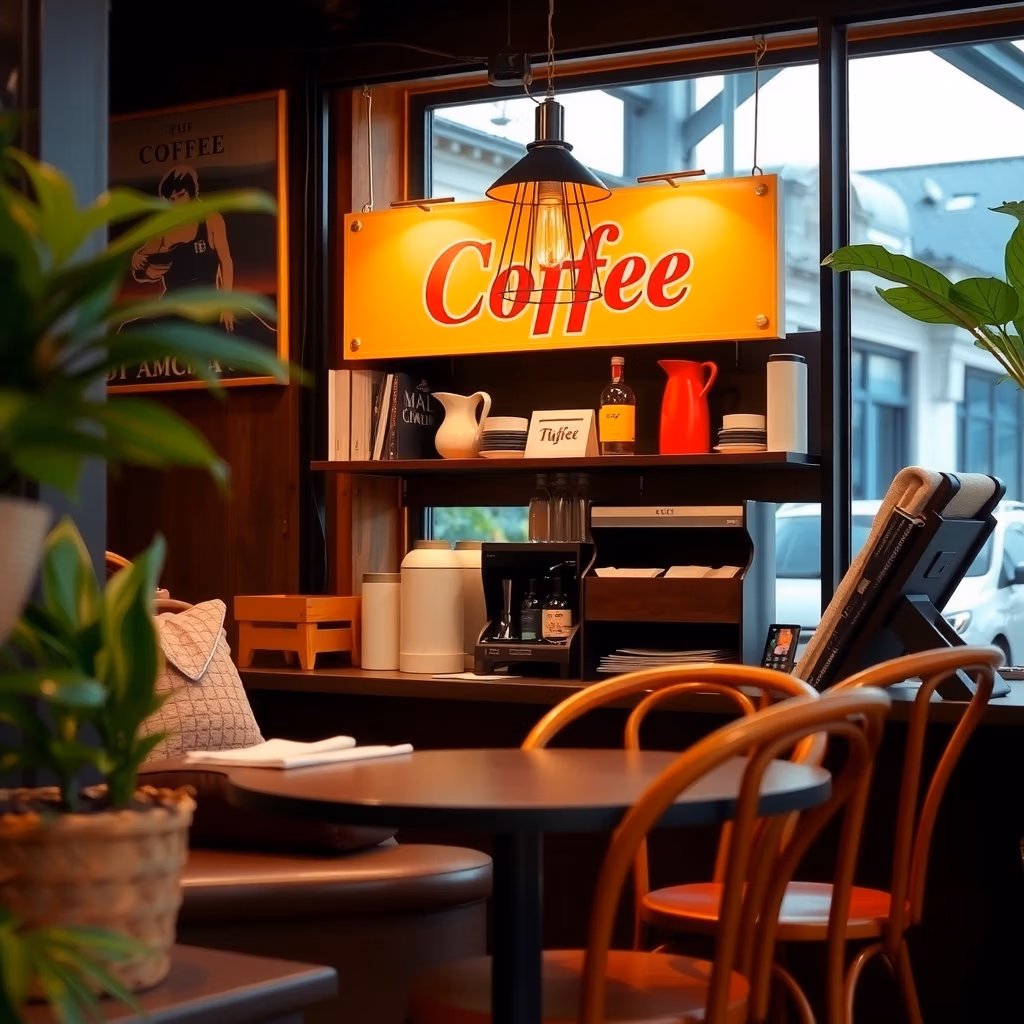 Cafemalmö.se har en mysig inredning med stolar och bord i trä, krukväxter, en ljusgul "Coffee"-skylt ovanför hyllor med muggar, kaffebryggare och förbrukningsmaterial vid ett stort fönster.