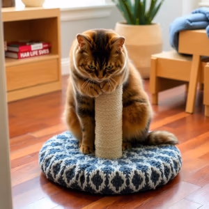En brun tabbykatt vilar på en klösträd.se rund, blåmönstrad klösbräda i ett ljust rum med trägolv, moderna möbler och en krukväxt.