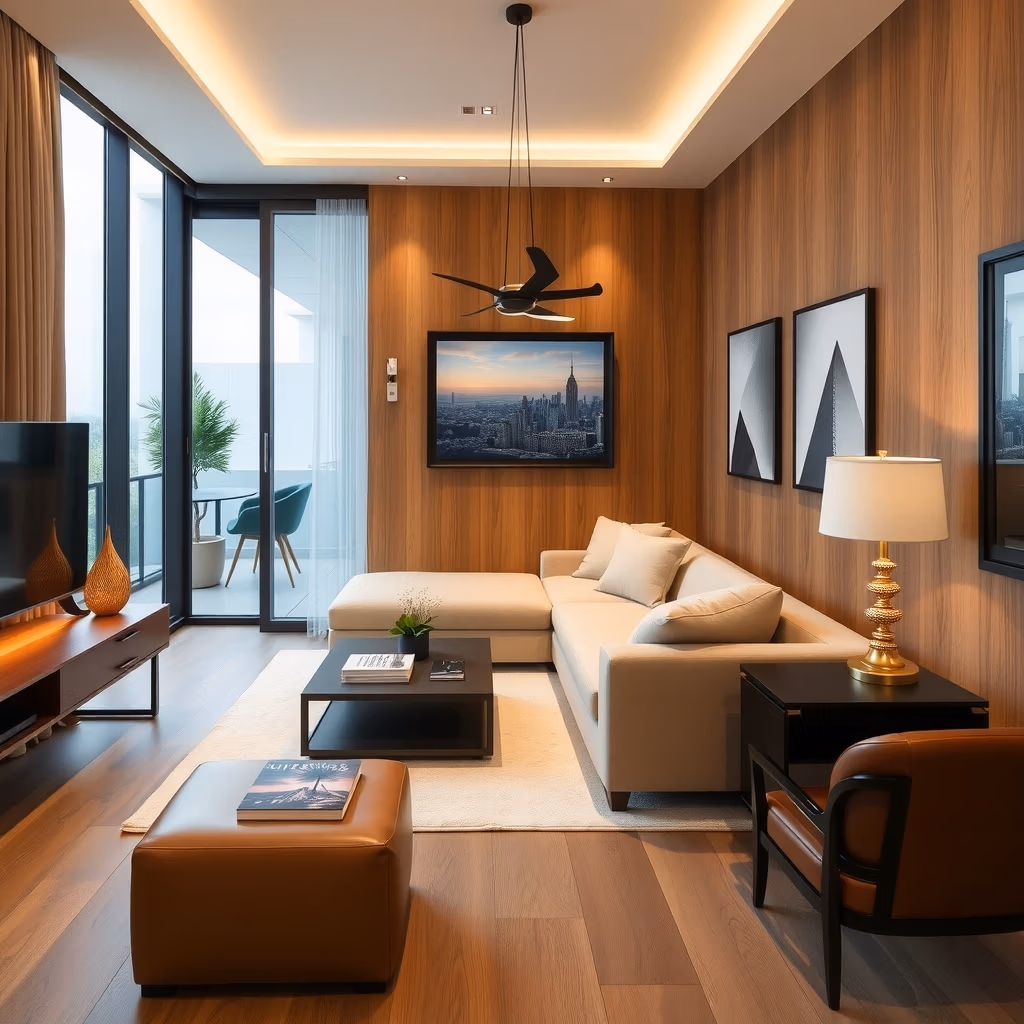 Lägenheten köpalägenhet.se och kopalagenhet.se har träväggar, en beige soffa, svart soffbord, fåtölj, guldlampa, TV, inramade foton, glasdörrar till en balkong med växter och sittplatser och varm belysning för en mysig atmosfär.