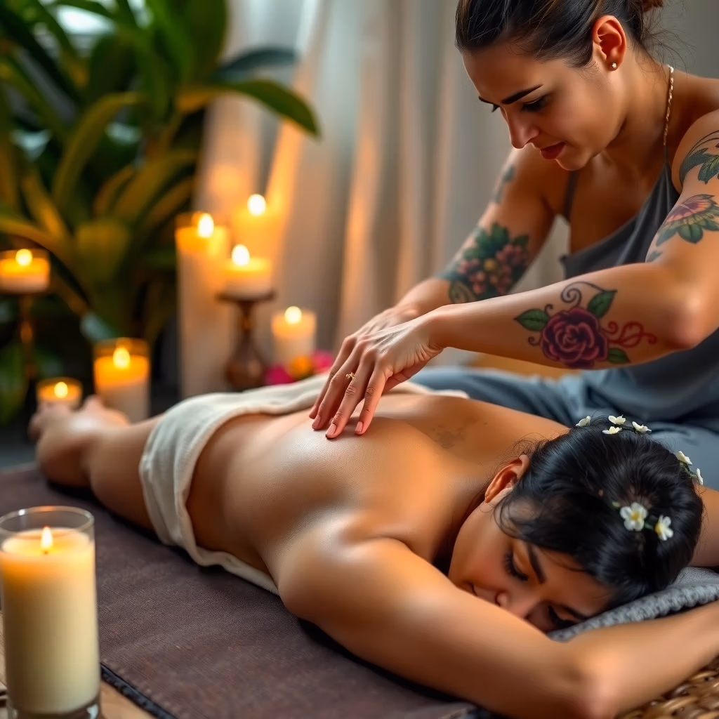 På thaimassagegöteborg.se får en kvinna en avslappnande ryggmassage av en tatuerad terapeut i en spainspirerad lokal med levande ljus, växter och mjuk inredning.