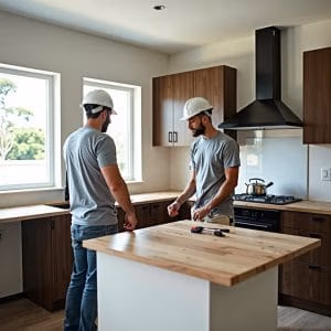 Två byggnadsarbetare i vita hjälmar och grå skjortor diskuterar planer i ett modernt kök under renovering av kökmalmö.se, med bänkskivor i trä, bruna skåp, verktyg på köksön och naturligt ljus från två fönster.