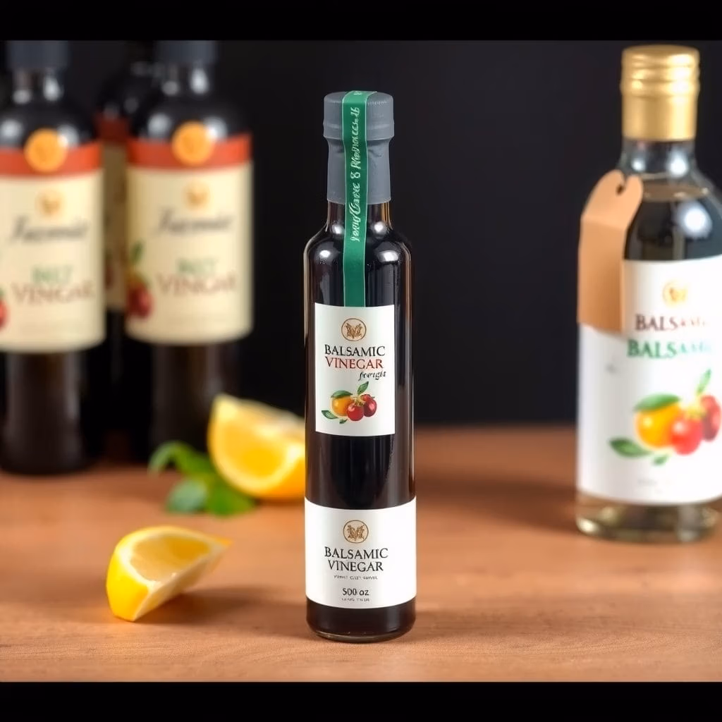 En 500 ml flaska balsamvinäger.se balsamvinäger står på en träyta med citronklyftor, medan andra vinägerflaskor och balsamvinägerprodukter är suddiga i bakgrunden.