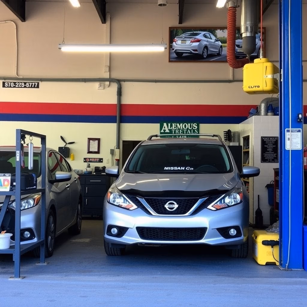 En silverfärgad Nissan står parkerad inne på bilverkstadmalmö.se, en bilverkstad med en annan bil, fordonsutrustning, en skylt med texten "Alemous Treats" och ett inramat bilfoto på väggen.