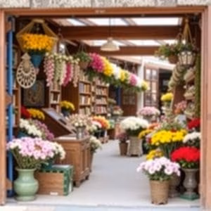 Blommorlund.se är en öppen butik med levande krukväxter och hängande blommor tillsammans med blomkorgar och böcker på hyllorna, vilket skapar en livlig och inbjudande atmosfär.