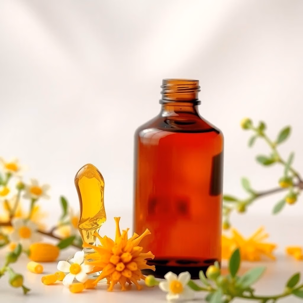 En droppflaska med castoroil.se i brunt glas med en gyllene vätska omges av små gula och vita blommor och gröna bladverk mot en mjuk, ljus bakgrund.