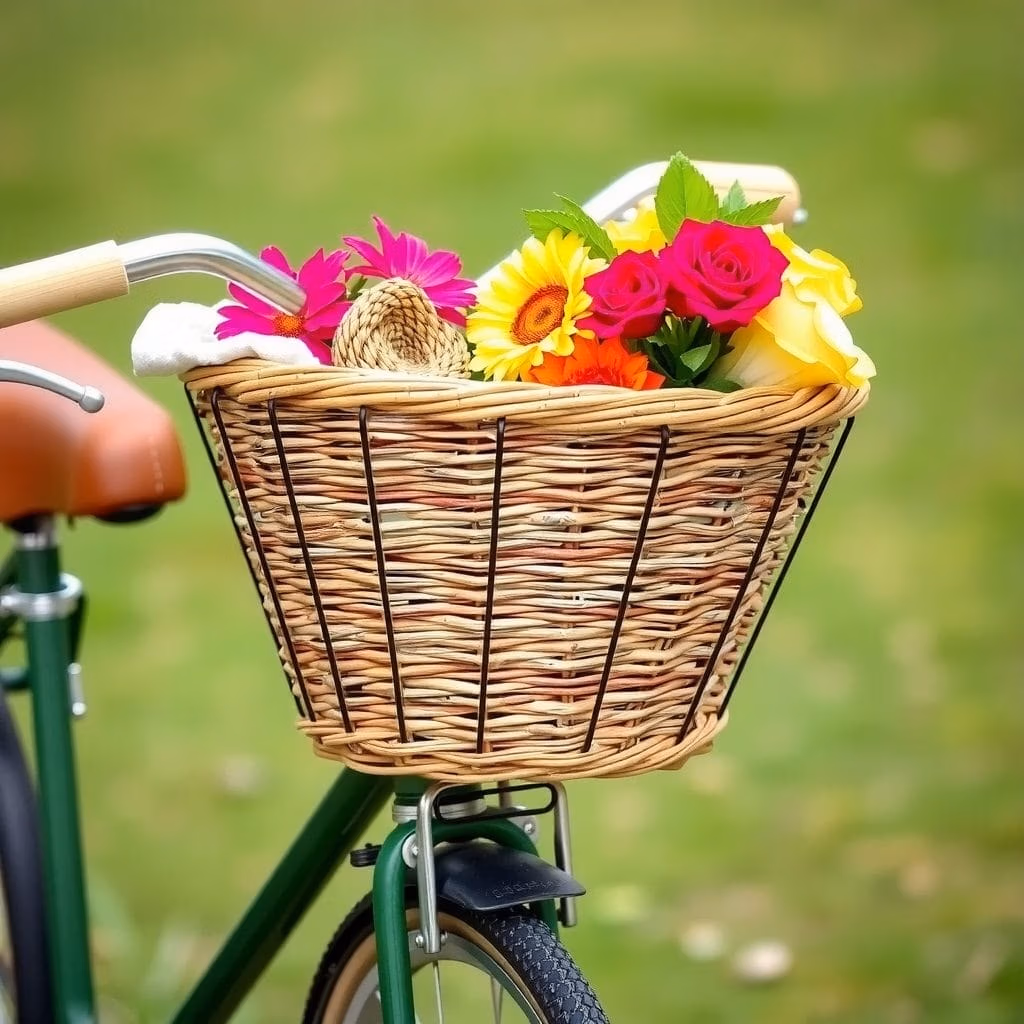 Närbild på en cykel med en cykelkorg.se-korg framtill, fylld med rosa, gula och röda blommor. Den suddiga gröna bakgrunden förstärker utomhusmiljön.