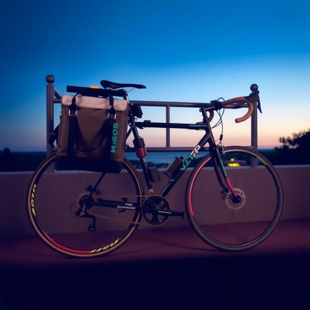 En landsvägscykel med en cykelväska.se tan pannier är parkerad på en terrass i skymningen, silhuett av en blå och orange himmel med havet och träd i bakgrunden.