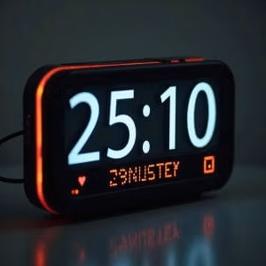 Klockan på digitalklocka.se visar den ovanliga tiden "25:10" i stora vita siffror, med röda LED-accenter och oläslig orange text nedanför på en mörk bakgrund.