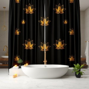 Ett modernt badrum med ett vitt ovalt badkar, levande ljus, en grön krukväxt, en kran i guld och ett svart draperi.se duschdraperi med lotusmotiv i guld; i bakgrunden finns ett handfat och en handduk.