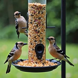 Tre småfåglar med svarta, vita och bruna markeringar sitter på en fågelmat.se tubfågelmatare fylld med frön, mot en suddig grön utomhusbakgrund.