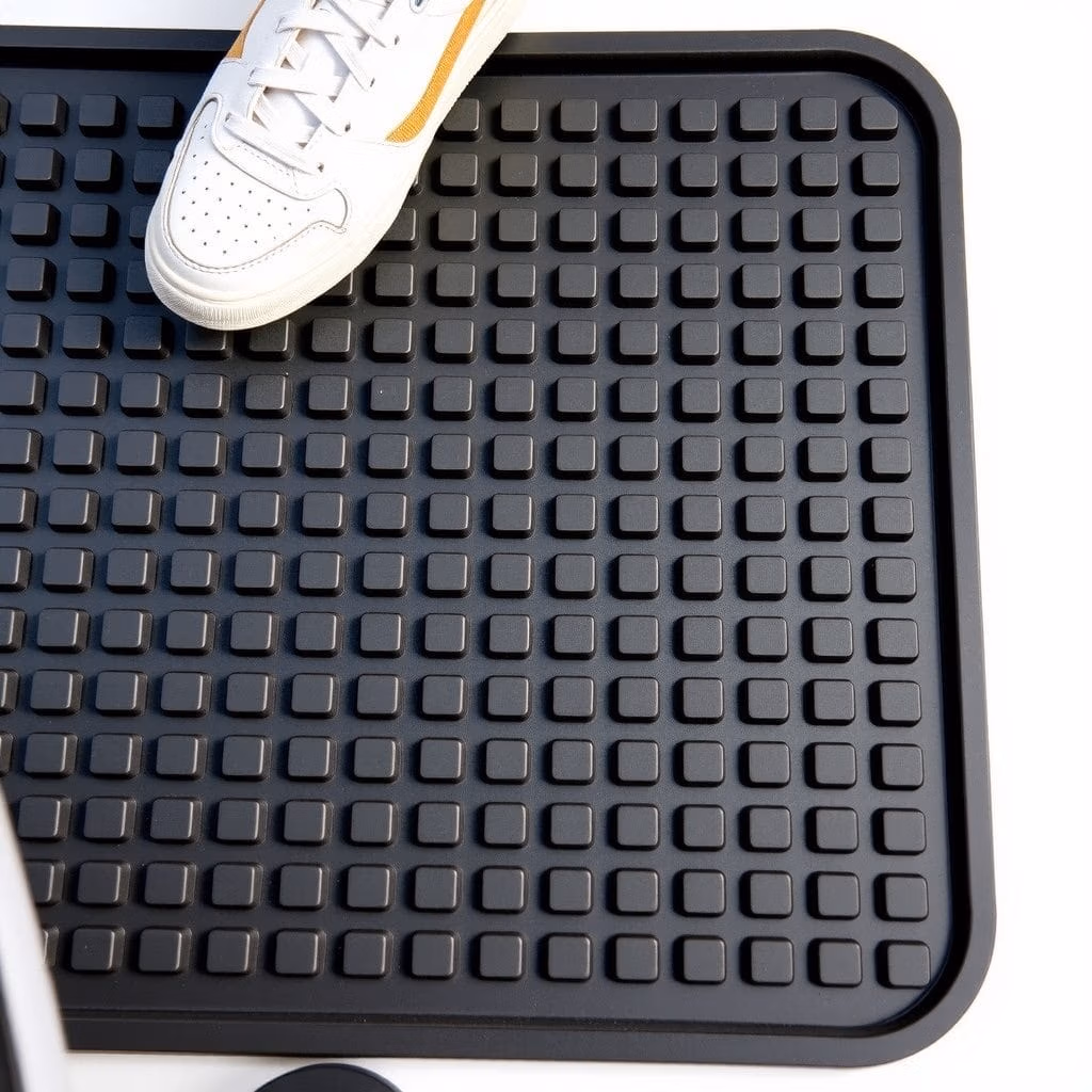 En vit sneaker med en gul rand kliver in på en gummimatta.se svart gummimatta med ett rutnät av upphöjda fyrkantiga mönster.