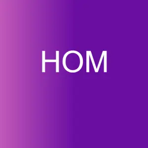 Vita versaler som stavar "hom.se" är centrerade på en lila bakgrund med en gradient som övergår till en ljusare, rosa-lila nyans till vänster.