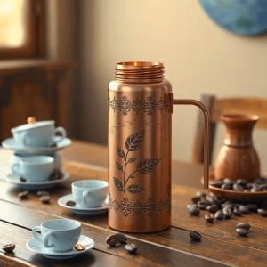 En kaffekanna i koppar med bladmönster från kaffetermos.se vilar på ett träbord, omgiven av blå tekoppar, fat och utspridda kaffebönor i ett varmt, solbelyst rum.