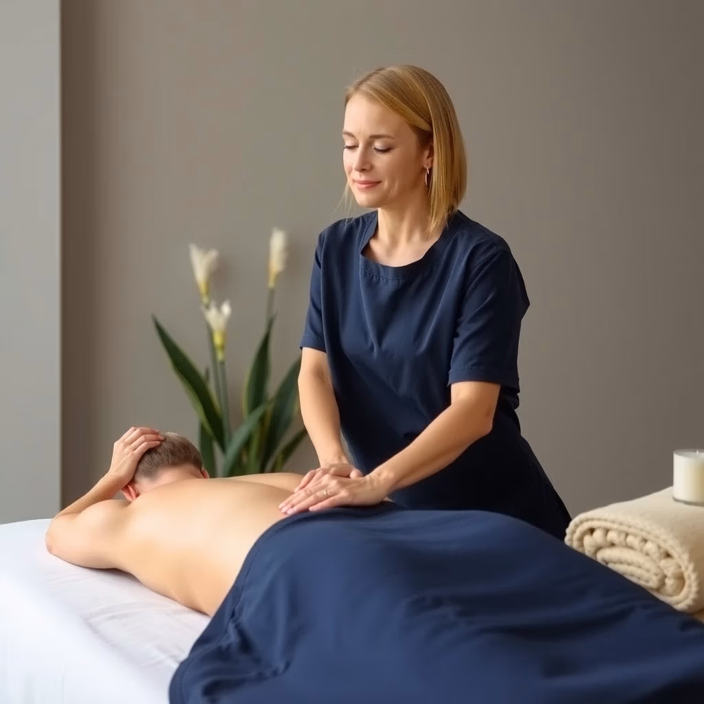 En massageterapeut i marin uniform ger en avslappnande ryggmassage till en klient som ligger med ansiktet nedåt på en brits i ett lugnt, mjukt upplyst rum med vikta handdukar, ett levande ljus och växter i bakgrunden.