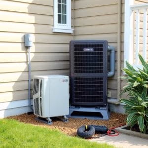 Två luftluftvärmepump.se utomhus HVAC-enheter är placerade på grus bredvid ett hus med beige sida. Den ena enheten är hög och vertikal, den andra är mindre och fyrkantig. I närheten finns upprullade slangar och en grön växt.