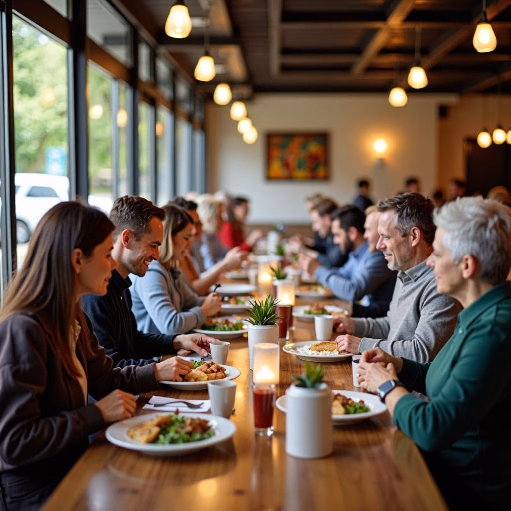 På lunchmalmö.se samlas vänner runt ett långt träbord och avnjuter goda måltider och drycker i en restaurang med varm belysning och stora fönster som skapar en mysig och inbjudande atmosfär.