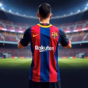 En fotbollsspelare sedd bakifrån bär en matchtröja.se och matchtroja.se Barcelona-tröja med röda och blå ränder och står i en starkt upplyst stadion inför en jublande publik.