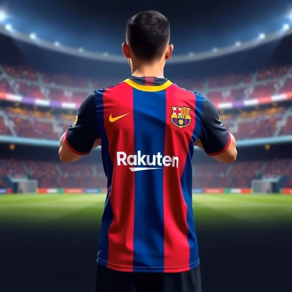En fotbollsspelare sedd bakifrån bär en matchtröja.se och matchtroja.se Barcelona-tröja med röda och blå ränder och står i en starkt upplyst stadion inför en jublande publik.