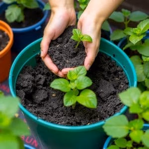 En person lägger planteringsjord.se jord i en grön kruka med en ung planta, omgiven av frodig krukväxtlighet - perfekt för trädgårdsarbete och växtskötsel.