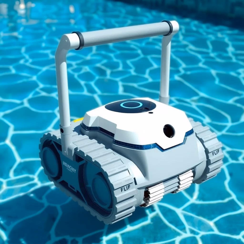 Poolrobot.se, en vit och blå poolrengöringsrobot med tankliknande fotsteg och ett toppstyrt handtag, flyter på ytan av en klarblå swimmingpool.