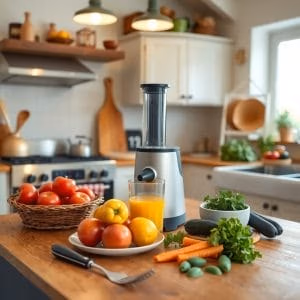 I ett modernt kök står en råsaftcentrifug.se juicepress på en bänk av trä, omgiven av färska tomater, äpplen, morötter, gurkor, örter, köksredskap och ett glas juice. Solljuset flödar in genom fönstret i bakgrunden.