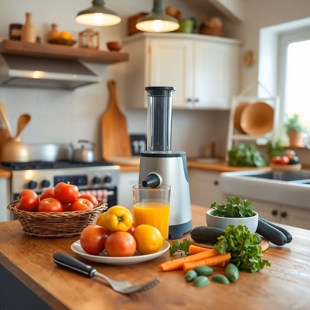 I ett modernt kök står en råsaftcentrifug.se juicepress på en bänk av trä, omgiven av färska tomater, äpplen, morötter, gurkor, örter, köksredskap och ett glas juice. Solljuset flödar in genom fönstret i bakgrunden.