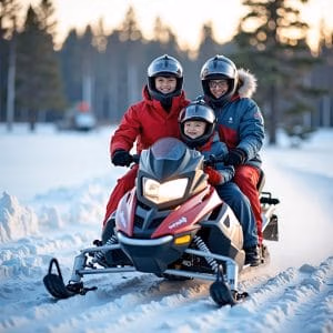 En glad familj på tre personer i hjälm och vinterkläder åker snöskoter från skoteroverall.se genom ett snöigt landskap med träd i bakgrunden.