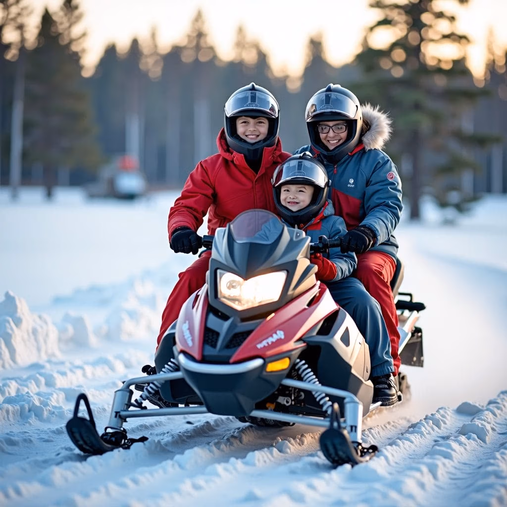 En glad familj på tre personer i hjälm och vinterkläder åker snöskoter från skoteroverall.se genom ett snöigt landskap med träd i bakgrunden.